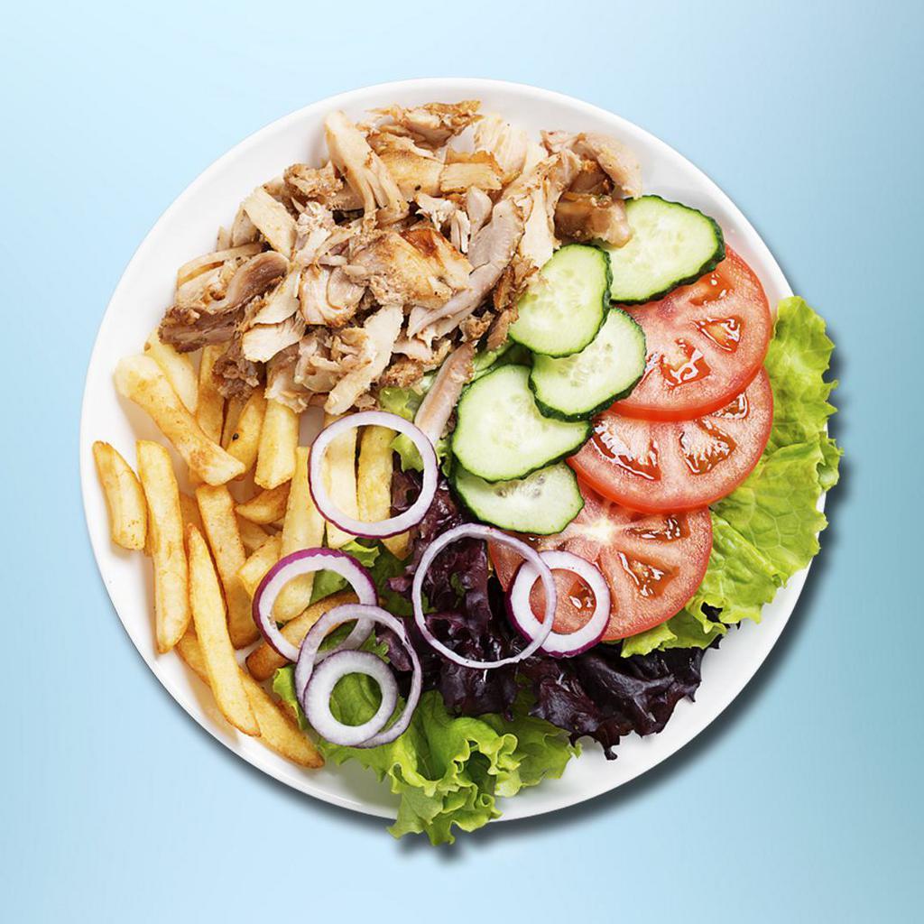 Classic Beef Chicken Gyro Plate · Platter served with a pairing of beef gyro and chicken, rice, lettuce, and tomatoes along with a choice of toppings and our famous white and hot sauce.
