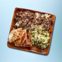 Beef Blast Gyro Plate · Platter served with beef gyro, rice, lettuce, and tomatoes along with a choice of toppings a...