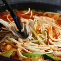 28. Jampoong Soup · Korean style spicy soup with seafood and thick Korean noodles. Spicy.
