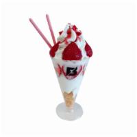 Strawberry Blush Ice Cream · Pure milk ice-cream with fresh strawberry, strawberry drizzle pocky, corn flakes, and crysta...