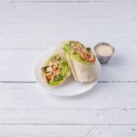 Caesar Wrap · Grill chicken, tomato, croutons, lettuce, Caesar dressing and Parmesan cheese.