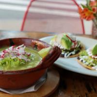 POZOLE VERDE  · Hominy soup with pork or chicken.  Served with 2 tostadas,,. In the tostadas they topped wit...