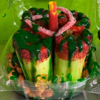 CRAZY CUCUMBER  · CUCUMBERS DIPPED IN LEMON JUICE AND LUCAS WITH CACAHUATES JAPONESES, GUMMY BEARS, SOUR STRIP...