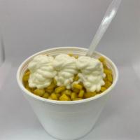 ELOTE EN VASO  · YELLOW CORN WITH MAYONAISE, LEMON PEPPER, CHILLY AND PARMESAN CHEESE 