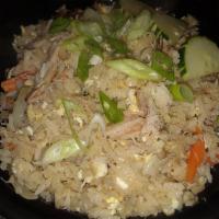 Crab Meat Fried Rice · Egg, crabmeat, onion, peas, carrot, scallion and tomato.