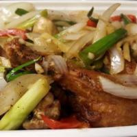 Ginger Duck · 1/2 boneless crispy roast duck with young ginger, mushroom, onion, scallion, bell peppers in...