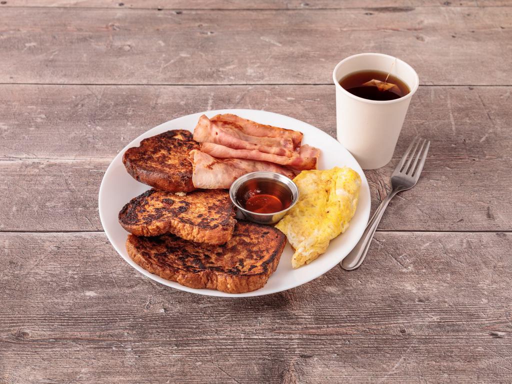 #4 French Toast · 2 eggs any style, bacon sausage or ham, regular coffee, tea or juice.