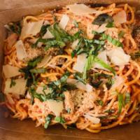 Spaghetti & Meatballs · Homemade Meatballs & Spaghetti, Parmesan & Basil 

