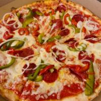Supreme Pizza · Mozzarella, Tomato sauce, peppers, onion, and beef pepperoni.