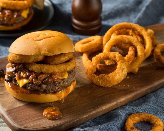 Onion Ring'N Cheeseburger · Exquisite cheeseburger topped with golden-crispy onion rings!