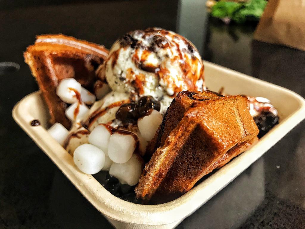 Oreo Waffle Shuffle · Belgium waffle with Oreo, Cookies N Cream ice cream, Mochi and Boba. (Best for curbside pickup)