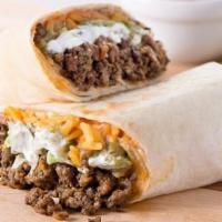 Ground Beef Burrito · Filled with rice,beans,salsa,sour cream,pico de Gallo,&mix cheese served with nachos
