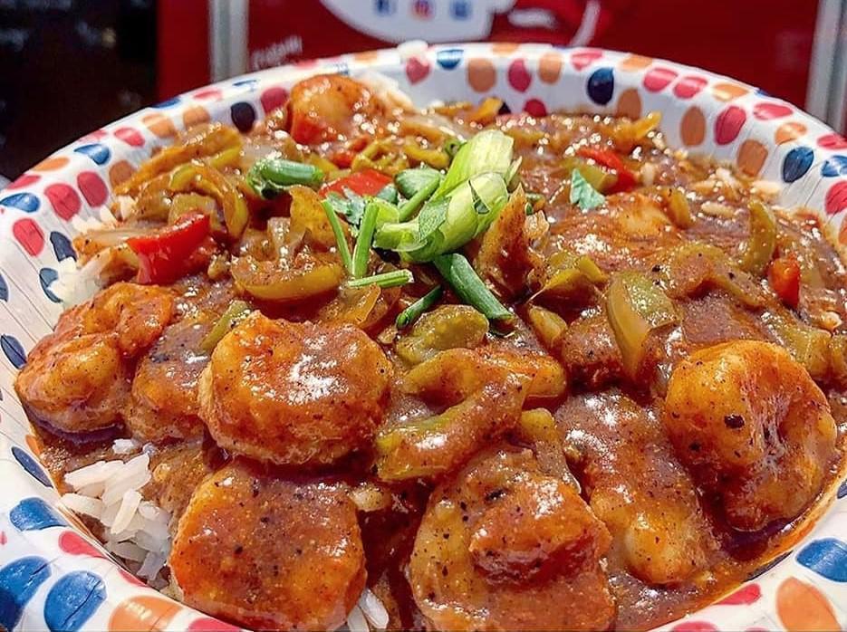 Smitty's Etouffee with BBQ Shrimp · A delicious meld of vegetables and fresh shrimp, marinated and cooked in a house made BBQ sauce, served over rice with a traditional etouffee sauce and Cajun spice.