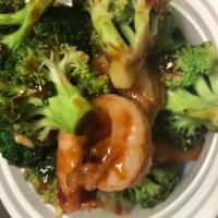 110. Shrimp with Broccoli · Served with rice.
