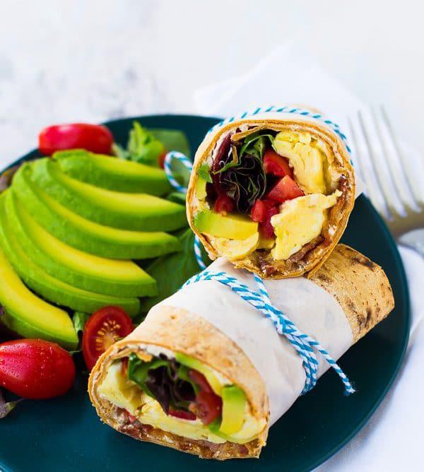 4. Breakfast Wrap · 2 egg whites, avocado, tomatoes, and pepper jack cheese on a whole wheat wrap.