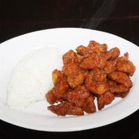 Orange Chicken · Deep fried battered chicken coated with sweet and sour orange sauce. Served with rice.