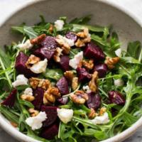 Garden salad · Marinated baked beets, arugula, goat cheese, onion, radishes, dill, walnuts. Comes with side...