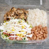 Mexican Platter · Your choice of brown or white rice, black, pinto or mashed beans and small salad.