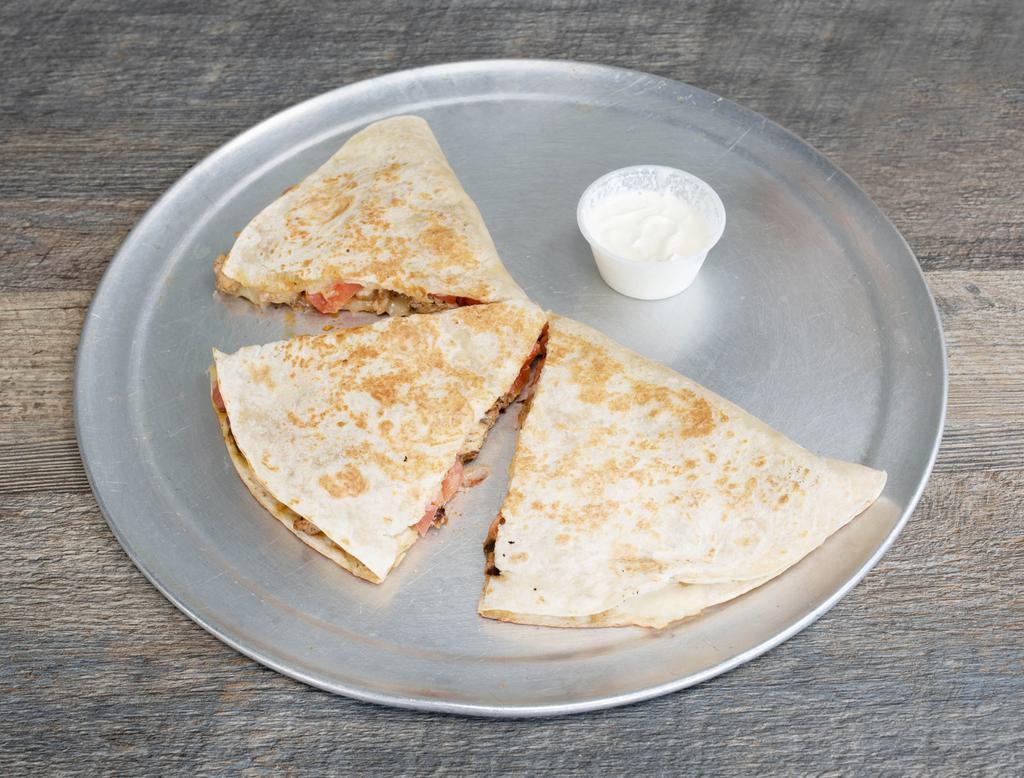 Quesadilla · Your choice of grilled flour or whole wheat tortilla filled with cheese and pico de gallo with sour cream on the side.