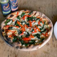 Verde Rosa White Pie · Spinach, roasted red pepper, goat cheese, garlic and mozzarella.