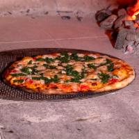 All Veggie White Pie · Tomato, mushroom, roasted peppers, olives, spinach and mozzarella.