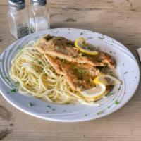 Chicken Francese · Battered and sauced in lemon, butter and wine sauce.