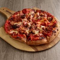 Meat-atarian Pizza · Start with our vodka sauce and top it of with kielbasa, bacon, meatballs and ham. Finished w...