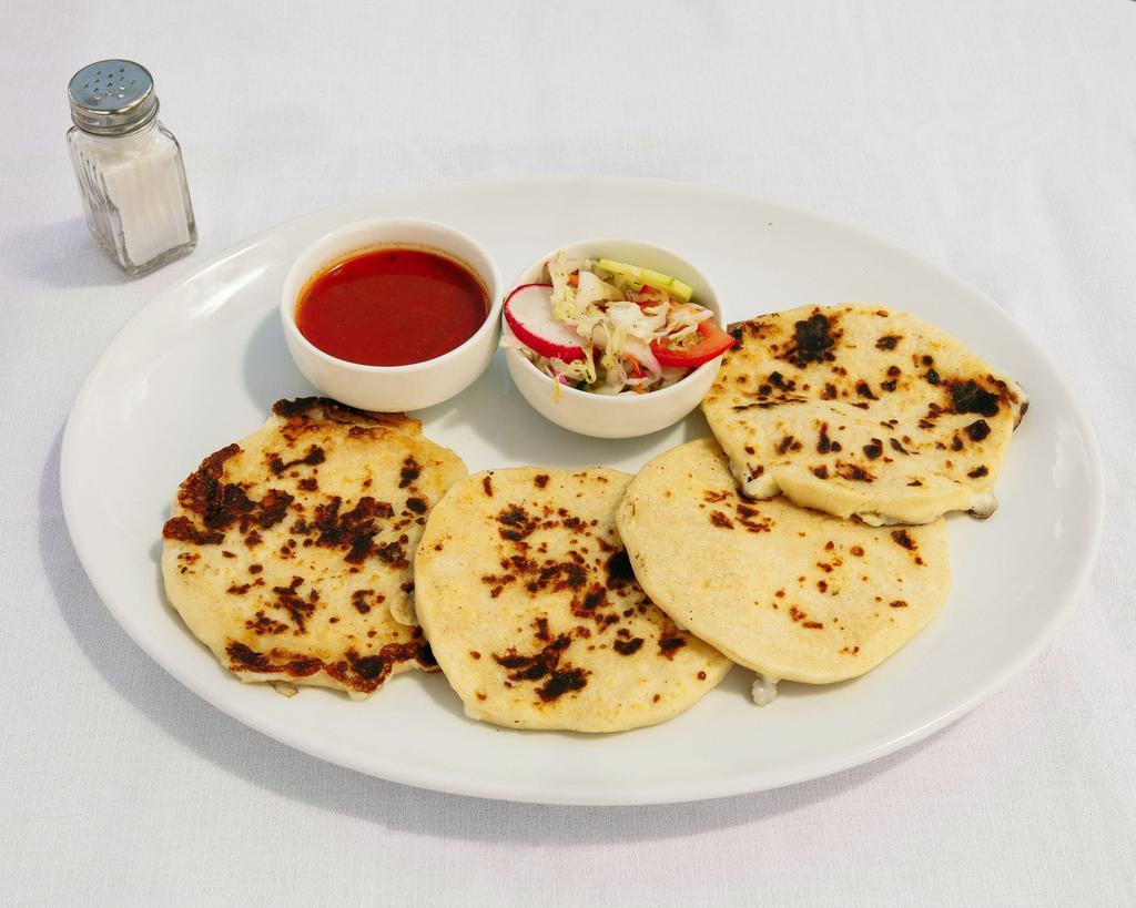 Al Pastor con Queso Pupusa · Marinated pork with pineapple and cheese.