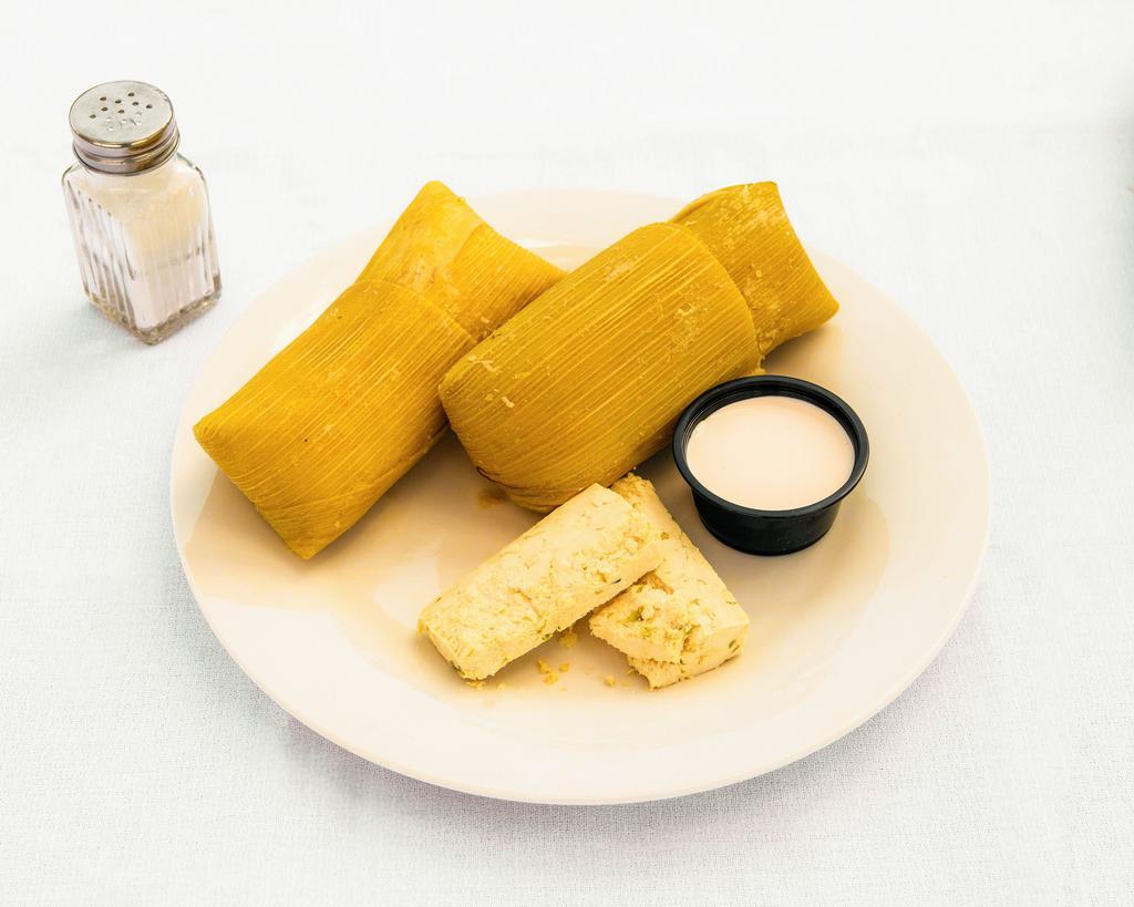 Tamal de Elote · Corn Tamal - Includes 2 Tamales, Salvadoran Cream & Cheese
