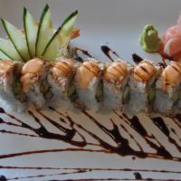 8 Pieces Sakura Roll · Panko battered fried shrimp, cucumber, and avocado on the inside. Topped with Krab salad and...