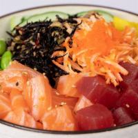 Azuma Special Bowl · Tuna, salmon, cucumber, edamame, mango, Kani salad, hijiki seaweed, avocado, azuma poke sauc...