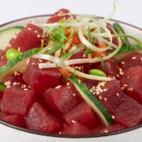 Volcano Special Bowl · Tuna, cucumber, edamame, jalapeno, cilantro, Kani salad, masago, sweet chili sauce with sush...