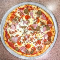 Tony's Meat Lovers Pizza · Pepperoni, sausage, meatball, ham, bacon.
