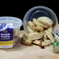 Cooked Potato & Mushrooms Russian Dumplings, Organic Flour, 16oz · A 16oz container of our frozen Russian dumplings cooked in bay leaves, mixed with butter, an...