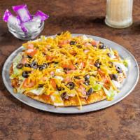 Acapulco Pizza · Refried beans, beef, chopped tomatoes, onions, lettuce, olives, and cheddar cheese.