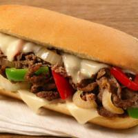 PHILLY CHEESE STEAK ON A HERO · HOT COOKED STEAK MIXED WITH ONIONS AND PEPPERS ON A HERO