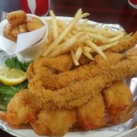 Fish and Shrimp Combo · 1/2 lb fish and 4 butterfly shrimp combo with 2 sides of your choice.