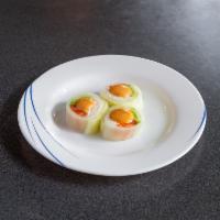 Cucumber Cup Roll · 3 pieces.  Avocado, salmon, crab salad, wrapped in cucumber and masago on top with spicy mayo.
