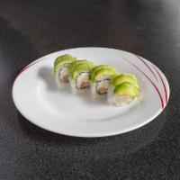 Green Roll · 8 pieces. Crab salad, shrimp tempura, cucumber, with avocado on top.