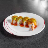 Scorpion Roll · 8 pieces. Crab salad, shrimp tempura, cucumber with avocado on top with sweet chilli sauce.