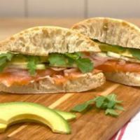 Smoked Salmon Avocado (470 Cal) · on Ciabatta, cucumbers, pickled red onions, arugula & lemon aioli