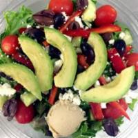 Mediterranean Specialty Salad · romaine & field greens, hummus, fresh avocado, kalamata olives, feta, grape tomatoes, red be...