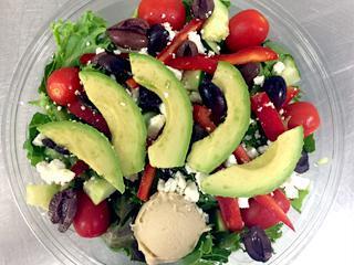 Mediterranean Specialty Salad · romaine & field greens, hummus, fresh avocado, kalamata olives, feta, grape tomatoes, red bell peppers, cucumbers & balsamic vinaigrette