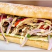 Pollo a la Brasa Sandwich · Lightly fried chicken prepared in a beer marinade, topped with lettuce, tomatoes, criolla sa...