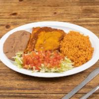 Beef Enchiladas · 3 beef enchiladas covered with cheese chili con carne sauce. Rice, beans, letuse and tomato 