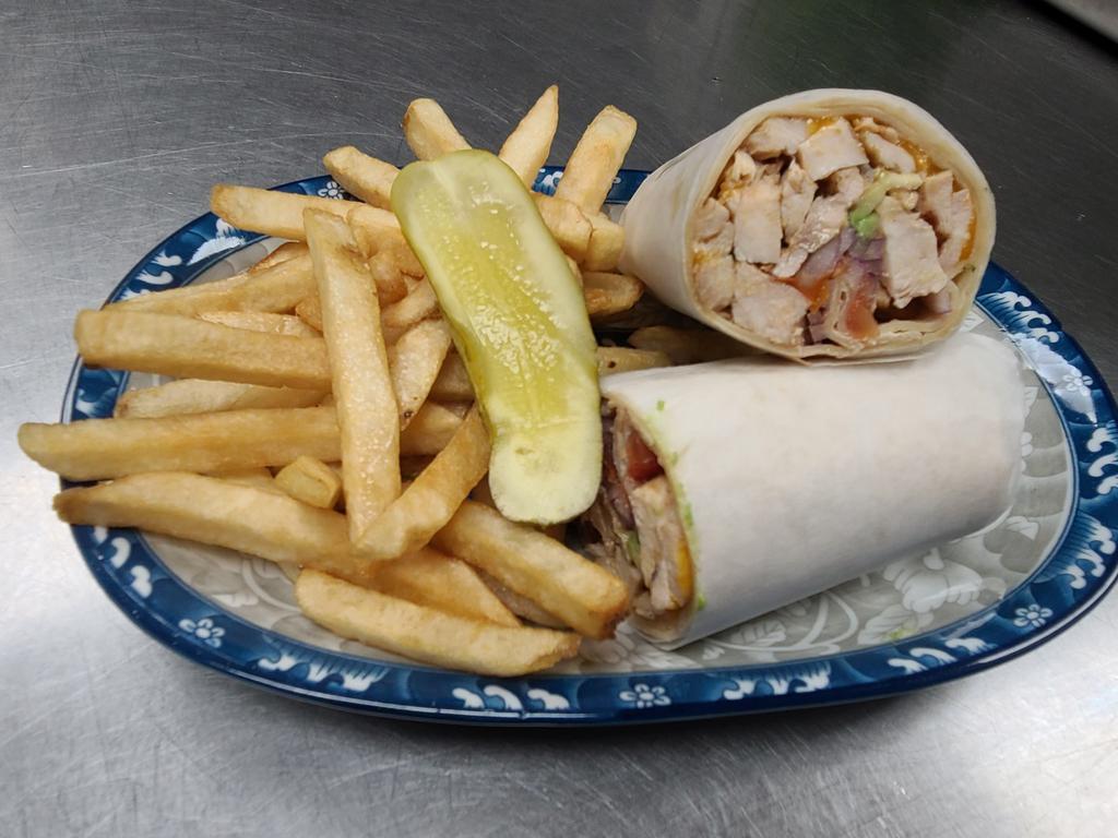 Mexican Wrap · Grilled chicken, guacamole, red onion, Cabot cheddar and homemade salsa.  Served with homemade coleslaw, pickle and French fries