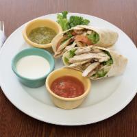 Burrito  Wrap · Chicken breast, onion, rice, black beans, mozzarella, cilantro, scallions, sour cream and sa...