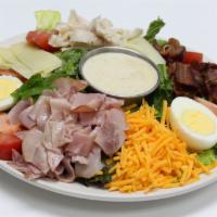 Chef Salad · Lettuce, Swiss, cheddar, bacon, baked ham, smoked turkey, hard boiled eggs, grape tomatoes c...