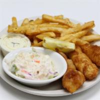 Classic Fish & Chips · In-house Beer battered 3 piece Cod fillets, french fries , coleslaw , tartar sauce, and lemo...