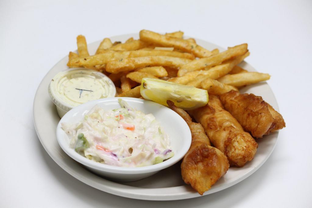 Classic Fish & Chips · In-house Beer battered 3 piece Cod fillets, french fries , coleslaw , tartar sauce, and lemon wedge.